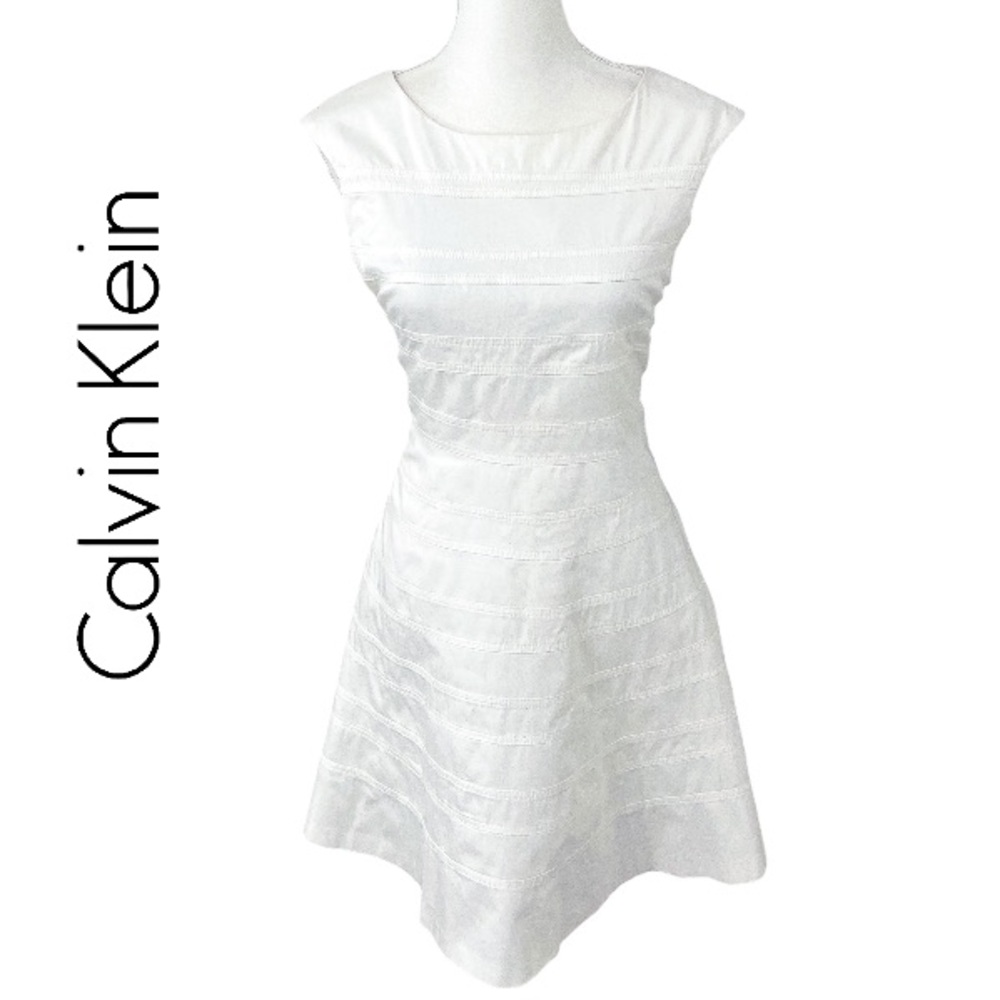 Calvin Klein White Cotton Striped Fit Flare Dress